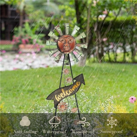 Wind Spinner Yard Art Sign for Outside 26'' Bronze Metal Sun Face Windmill Decor - Picture 6 of 7
